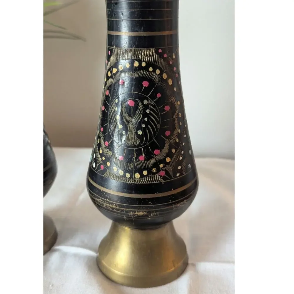 Vintage Etched Brass Vases |Black & Gold Boho Lotus Decor | Mid Century Pair